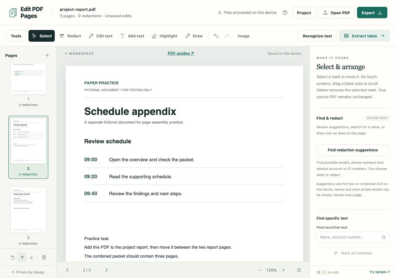 Three-page packet with the schedule appendix selected between the report overview and findings
