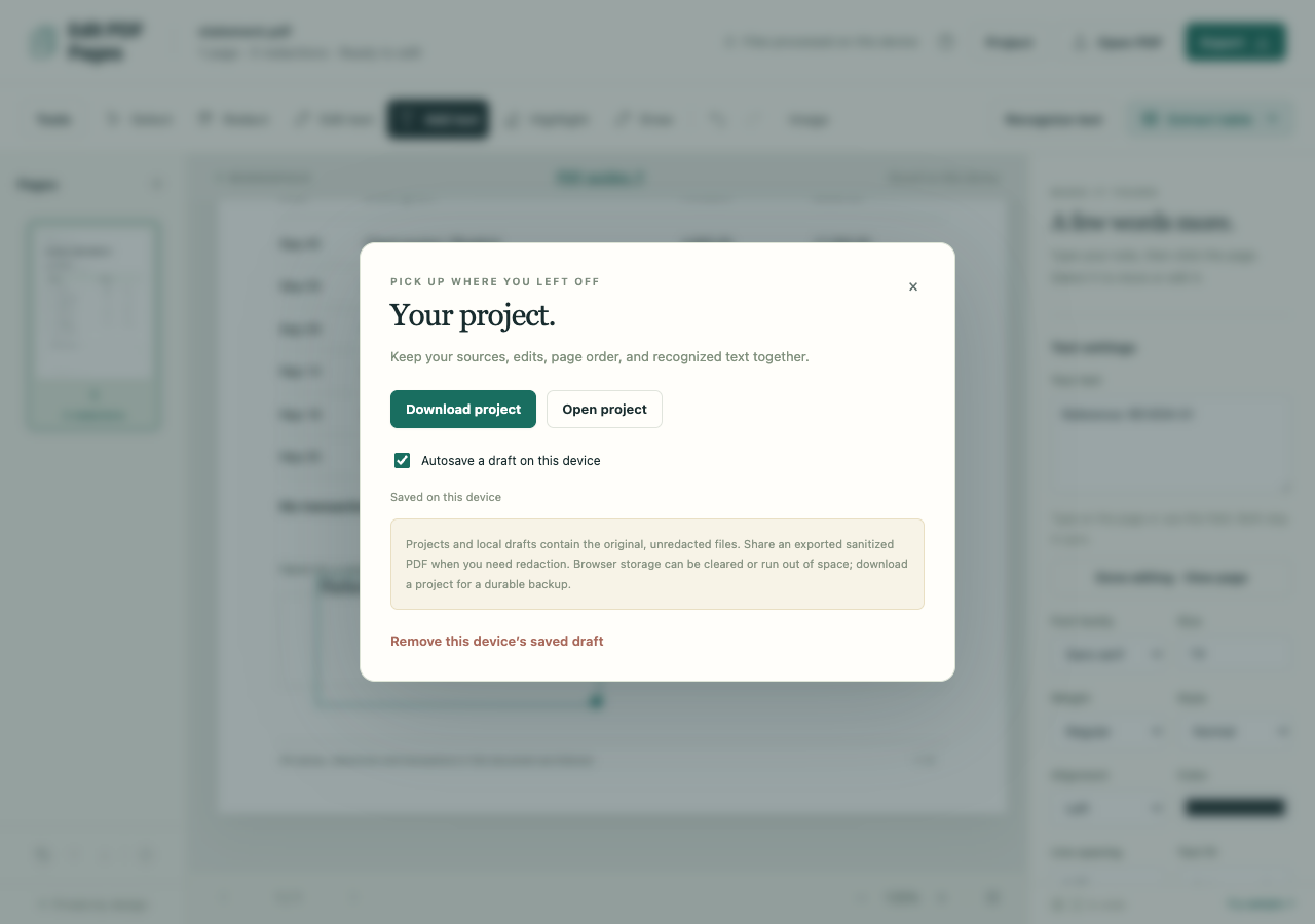 Project dialog reporting Saved on this device with download and draft removal controls