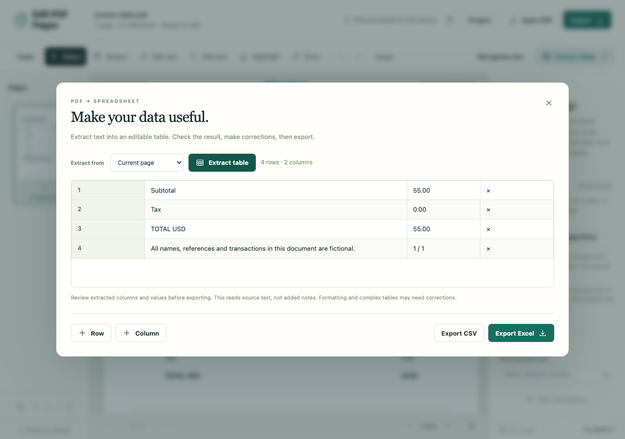 Initial extraction shows only Subtotal, Tax, TOTAL USD and a footer, with no item rows
