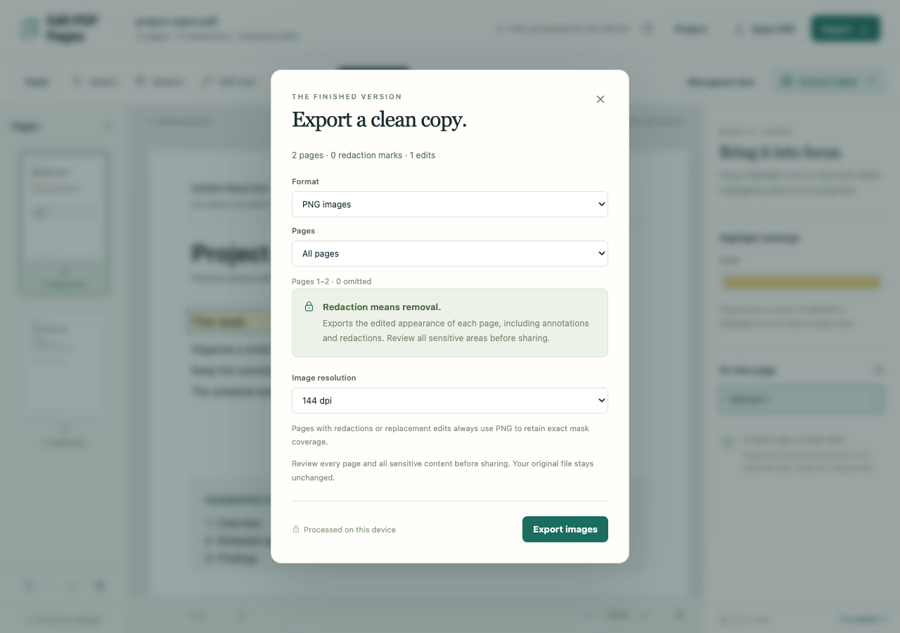 PNG export dialog for all pages of the project report at 144 dpi