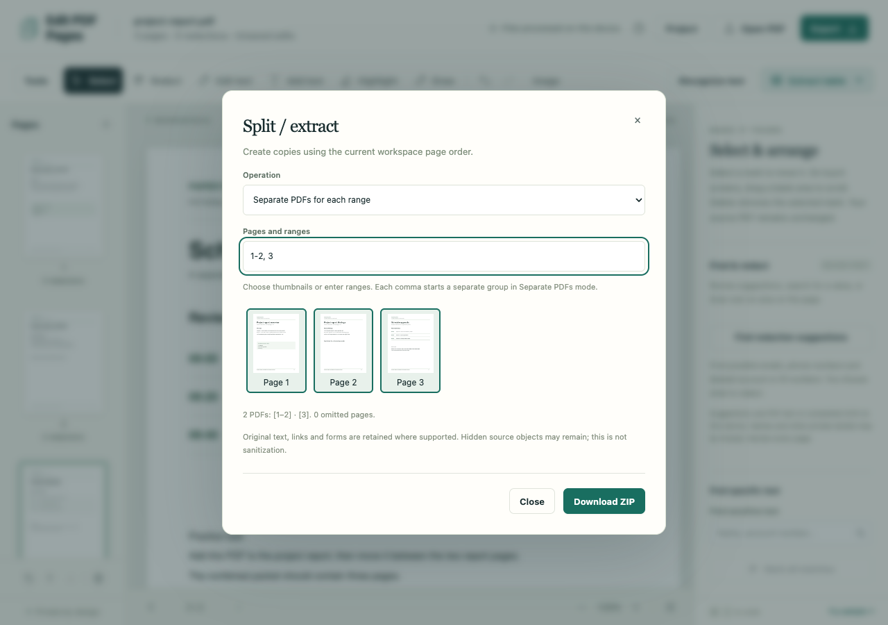 Split dialog showing the three-page report packet divided into pages 1–2 and page 3, with no omitted pages